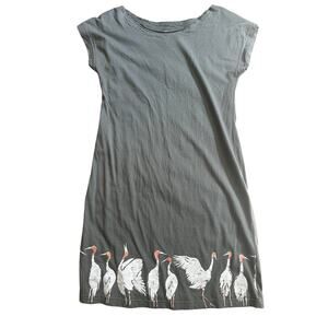 Tonle Upcycled Shift Dress Gray Heron Bird Print Eco Friendly, XS